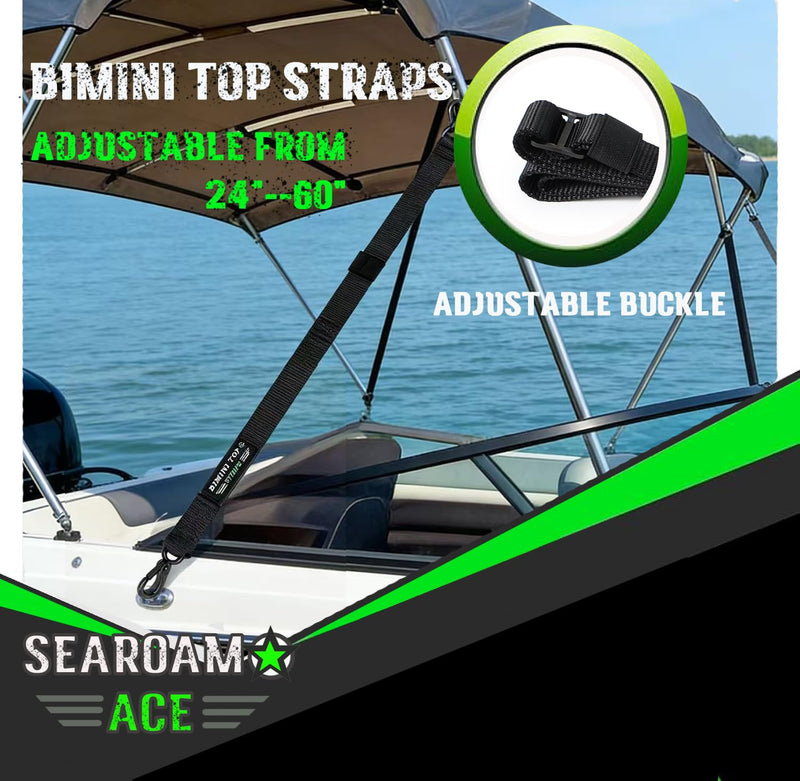 Boat Bimini Top Straps 2 PCS Adjustable Straps with SS 316 Black Plating Hooks 24"~60" Marine Black Nylon Embroidery Webbing Strap,1000LB Break Limit
