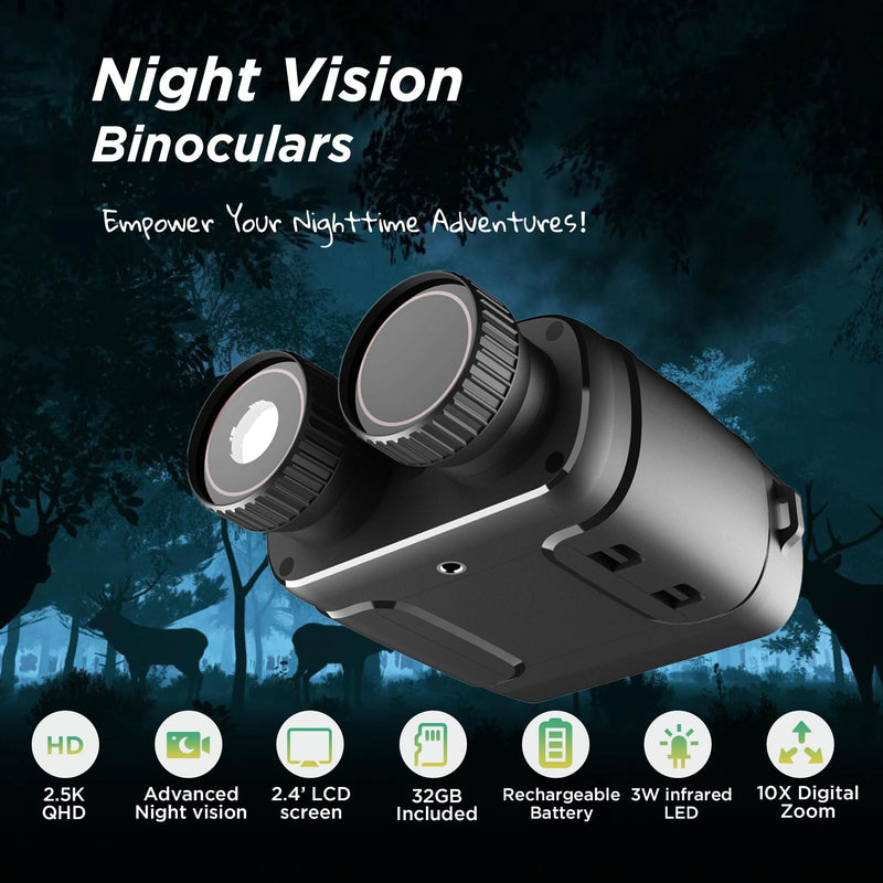 Night Vision Goggles, 2K Video Clarity, 10X Digital Zoom, 2.4" TFT Screen, 850nm Infrared Light, 32GB Storage, Rechargeable Battery, Outdoor Adventures, Camping, Travel