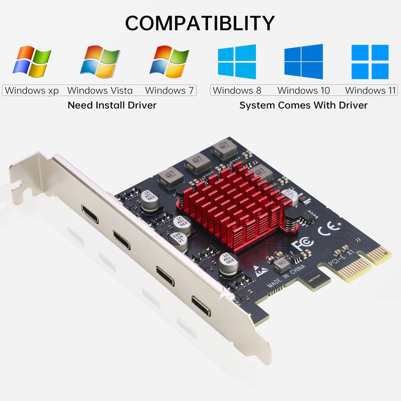USB C PCIe Card, RIITOP PCIe x1 to 4Ports USB 3.2 Gen1 Type-C Expansion Adapter (No Additional Power Required)