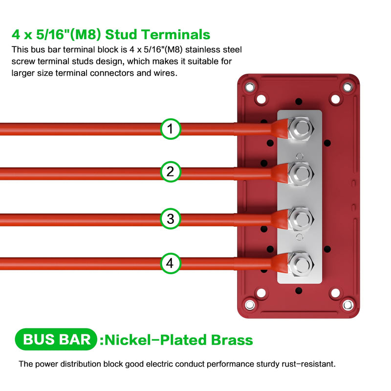 2Pcs 300A Busbar 12-48V DC Heavy Duty Copper Power Distribution Block 4 X M8 (5/16") Terminals Studs 8 Srews with Waterproof Cover Battery Bus Bar for Automotive RV Marine Truck(Black&Red) Black&Red