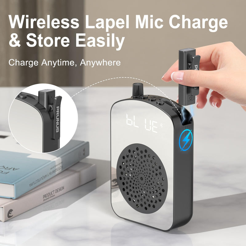 PRUNUS A10 Voice Amplifier Wireless with Lavalier Microphone Charging &Storage,Portable Voice Amplifier with Laple Mic Speaker,Mini Voice Amplifier for Classroom,Speech,Training Outdoor (Black) Black
