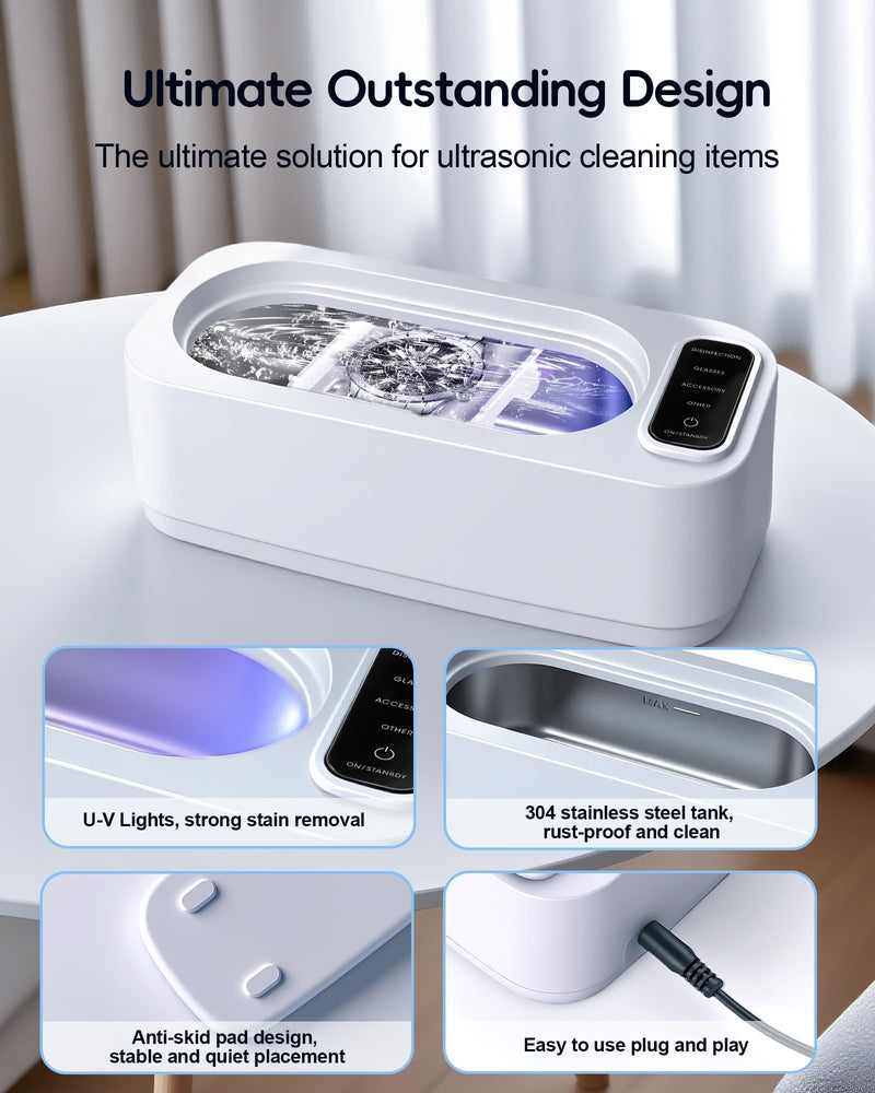 Ultrasonic Jewelry Cleaner Machine, 48KHz Ring Ultrasonic Cleaner, 4 Cleaning Modes - Suitable for Eyeglasses, Jewelry, Rings, Watchbands, Braces, Dentures, 13.5oz 304 Stainless Steel Tank for Gift White