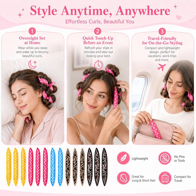  [AUSTRALIA] - 18 Pcs No Heat Hair Curlers, Soft Satin Pillow Rollers For Women, DIY Set | Sponge Rollers For Overnight Styling; Six Polka Dot And Leopard Designs; For Long And Short Hair; Natural-Looking Waves