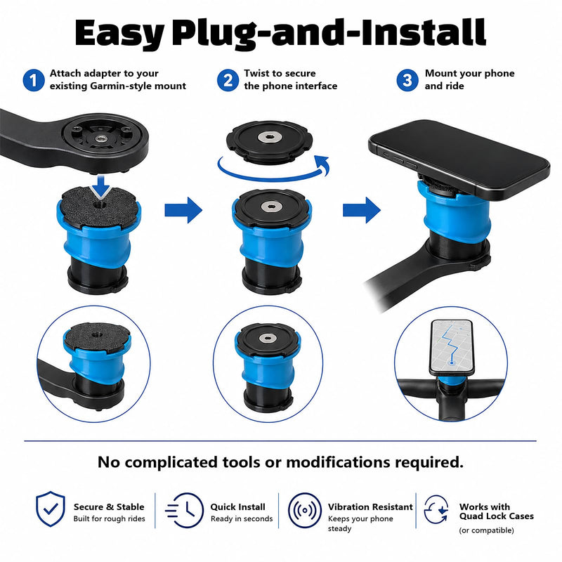 Adapter Compatible with Garmin to Compatible with Quad Lock – Convert Your Existing Mount into a Secure Bike Phone Holder for Smartphones