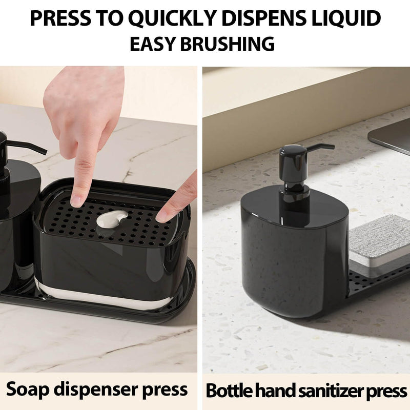 Kitchen Soap Dispenser Set with Tray and Sponge Holder, Dish and Hand Soap Dispenser with Dishcloth Holder 4-in-1 Kitchen Sink Countertop Storage Organizer, Useful Kitchen Gadgets -Black Black