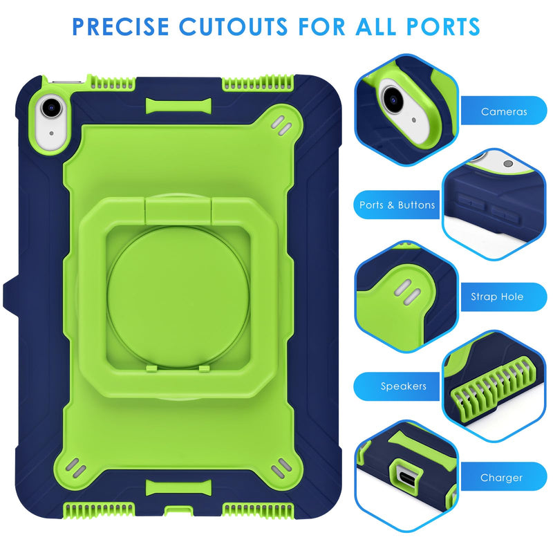 DETUOSI Shockproof Case for iPad A16 11th Gen 11" 2025, Dark Blue + Green | for iPad 10th Generation Case 10.9", 360 Rotatable Stand & Shoulder Strap, 3-layer Protection, Heavy Duty Protective Cover