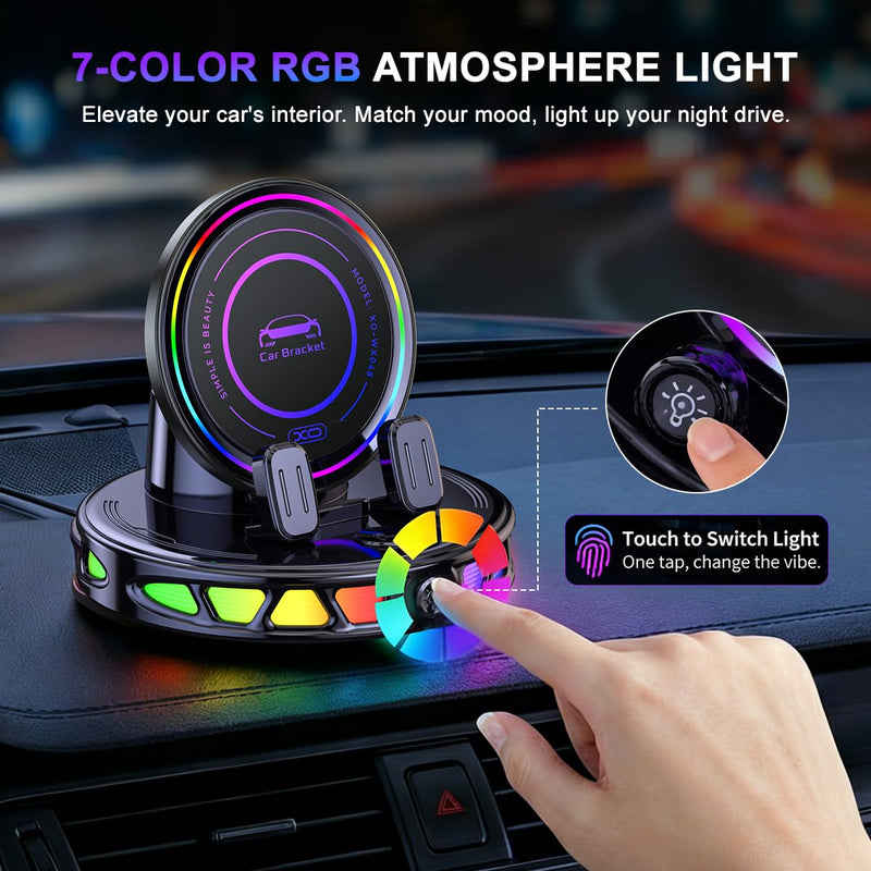Wireless Car Charger Dashboard Phone Holder,15W Fast Charging One-Hand Operation Rotatable Bracket with RGB Light,Anti-Slip Navigation Mount with Strong Suction Cup, for Most Smart Phone