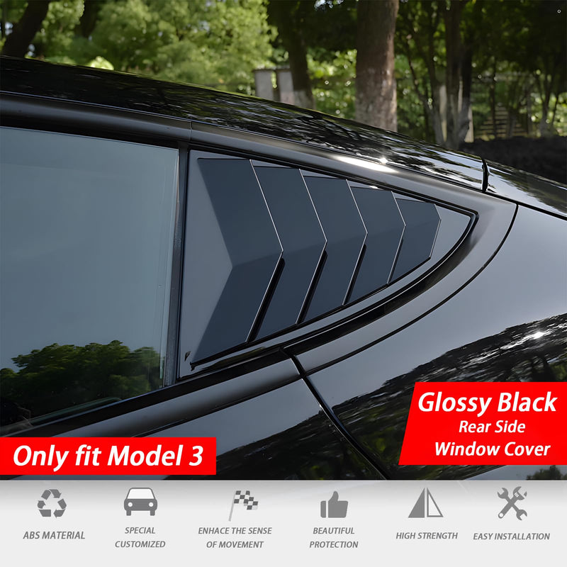 for Tesla Model 3 2017-2024 Rear Side Window Louvers Air Vent Scoop Louver Window Scoop Louver Cover ABS Sun Rain Shade Vent Sport Style Exterior Decoration 2pcs(Glossy Black) Model 3 and Model 3 Highland Glossy Black
