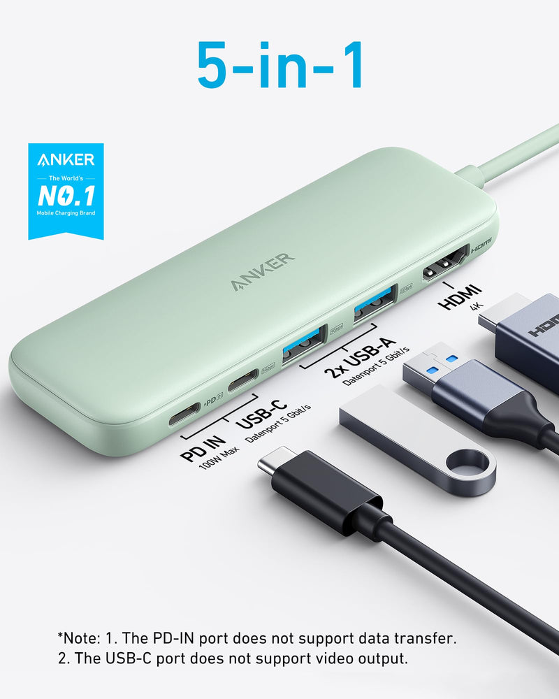 Anker 332 USB-C Hub (5-in-1) with 4K HDMI Display, 5Gbps USB-C Data Port and 2 5Gbps USB-A Data Ports and for MacBook Pro, MacBook Air, Dell XPS, Lenovo Thinkpad, HP Laptops and More(Green) Green