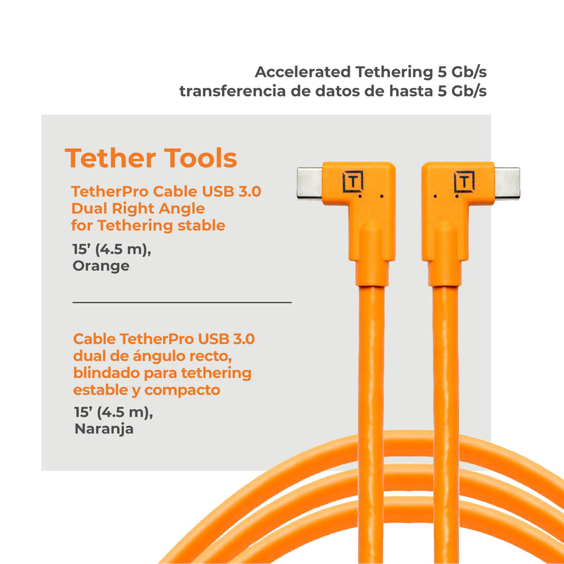 TetherPro USB-C to USB-C, 5Gbps Gen 1, Right Angle to Right Angle, 15' (4.6m), High-Visibility Orange