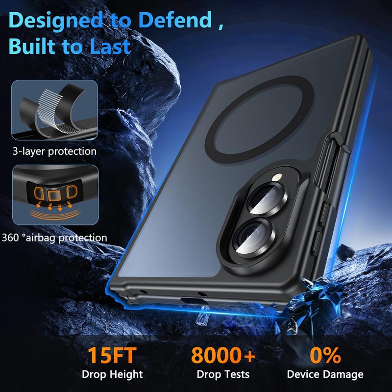 Hensinple Magnetic for Z Fold 8 Case,Samsung Galaxy Z Fold 8 Case[Fit for Mag-Safe ] Translucent Matte Military Grade Rugged Protection Shockproof Protective Hard Phone Case,Black Z Fold 8-Black Samsung Z Fold 8