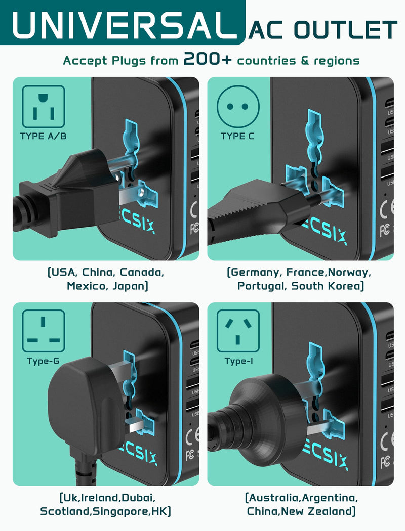 Universal Travel Adapter Worldwide, TECSIX European Travel Plug Adapter with 2 USB C, 2 USB A and Multi AC Outlets, International Power Converter for EU US UK AUS 200+ Countries Type A C G I black blue