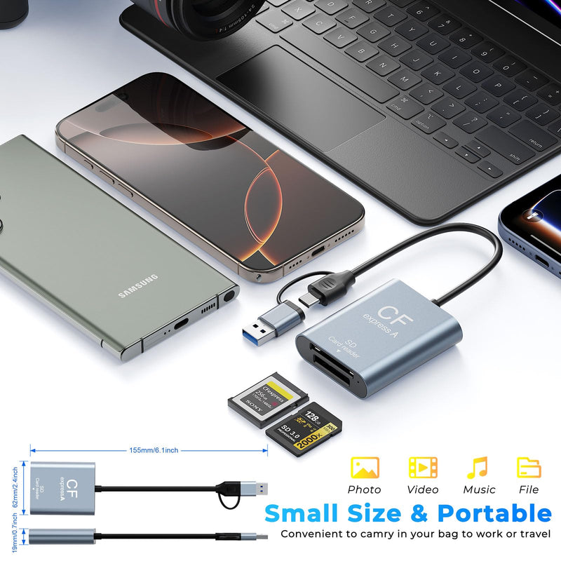 2-in-1 CFexpress Type A&SD Card Reader,USB3.2 Gen 2 10Gbps CFexpress Type A Memory Card Reader with USB-C + USB-A Cable,Dual-Slot CF Express Type A Reader Compatible with Windows,Mac Book,Google Blue