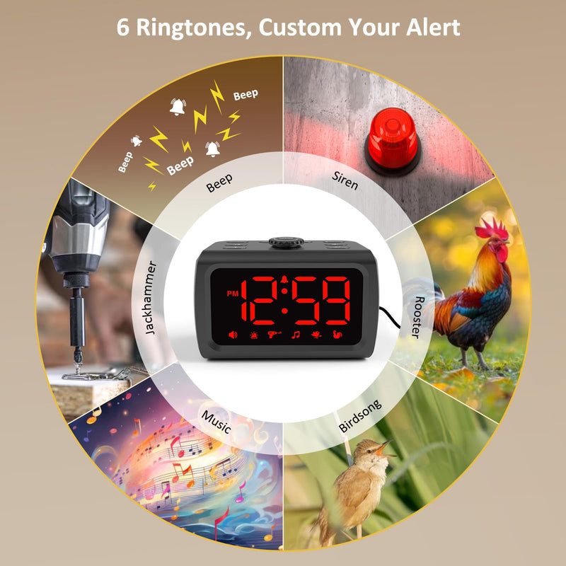 Peakeep 115dB Super Loud Alarm Clock for Heavy Sleepers, 5-30 Min Alarm/Snooze Duration, Auto/Manual Dimmer, 6 Wake-up Sounds, Plug in Electric Digital Bedroom Clock with USB Charger, Battery Backup Red Digits (Plug-in)