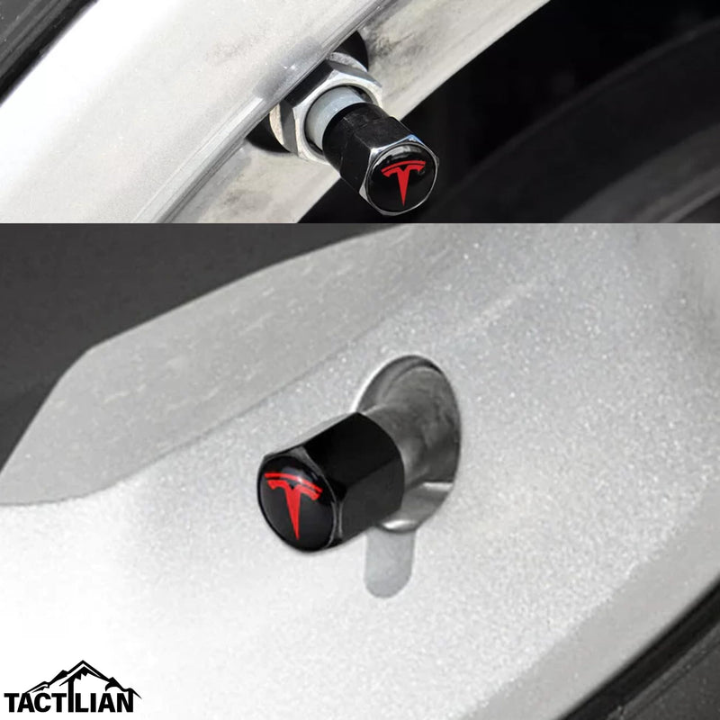 TACTILIAN Red Tire Valve Stem Caps for Tesla Model 3, S, X, Y | Leakproof Aluminum Tire Valve Caps with Rubber O-Rings Compatible with Tesla Car Accessories | Tire Valve Stem Covers Tire Caps 4 Pack Tire Valve Stem Caps 4 Pack Tesla Red