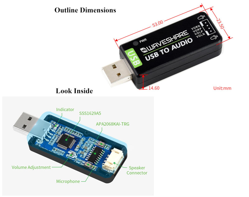 USB Audio Module External Audio Converter Compatible with Raspberry Pi/Jetson Nano, USB Sound Card Support Recording and Playback, Stereo Codec, Onboard Microphone& Speaker Header, Plug and Play