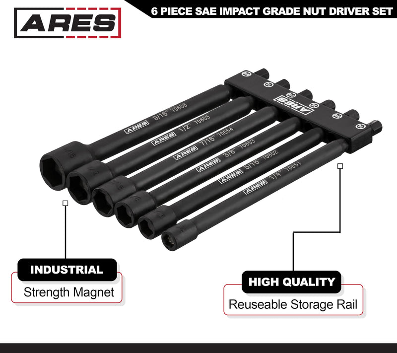 ARES 70650-6-Piece SAE Magnetic Impact Nut Driver Bit Set - Impact Grade Nut Setters with Industrial Strength Magnets 6pc SAE Magnetic Impact Nut Driver Set
