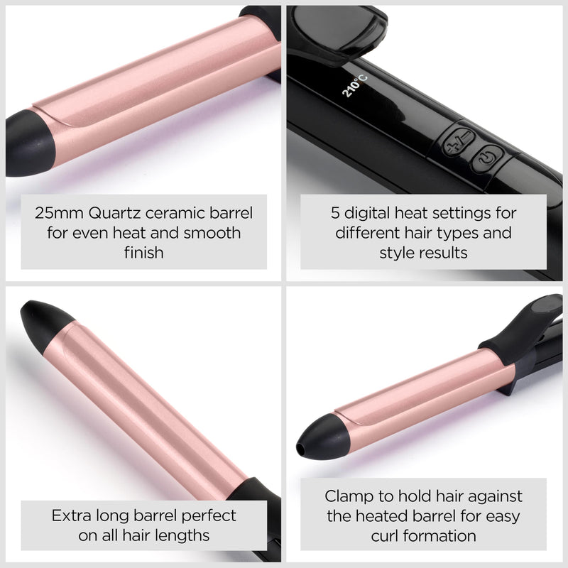 Babyliss Rose-Quartz 25mm Curling Tong - Natural Curls & Waves, Pink C451U | Quartz-Ceramic Hair Curler, 6 Heat Settings, Fast Heat-Up, Extra Long Barrel, Long Hair Curling Iron, Auto Shut Off, Heat Mat Rose - 25mm Tong