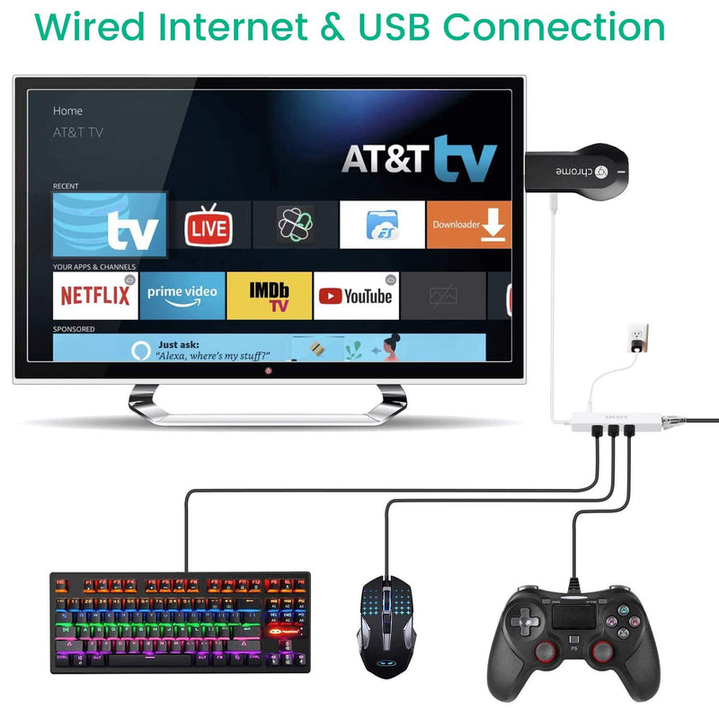 Ethernet Adapter for Chromecast Ultra/Audio/1/2 - with 3-Port USB Hub & Power Passthrough - Add Wired Internet, Thumb Drives & More - (Micro USB to RJ45)