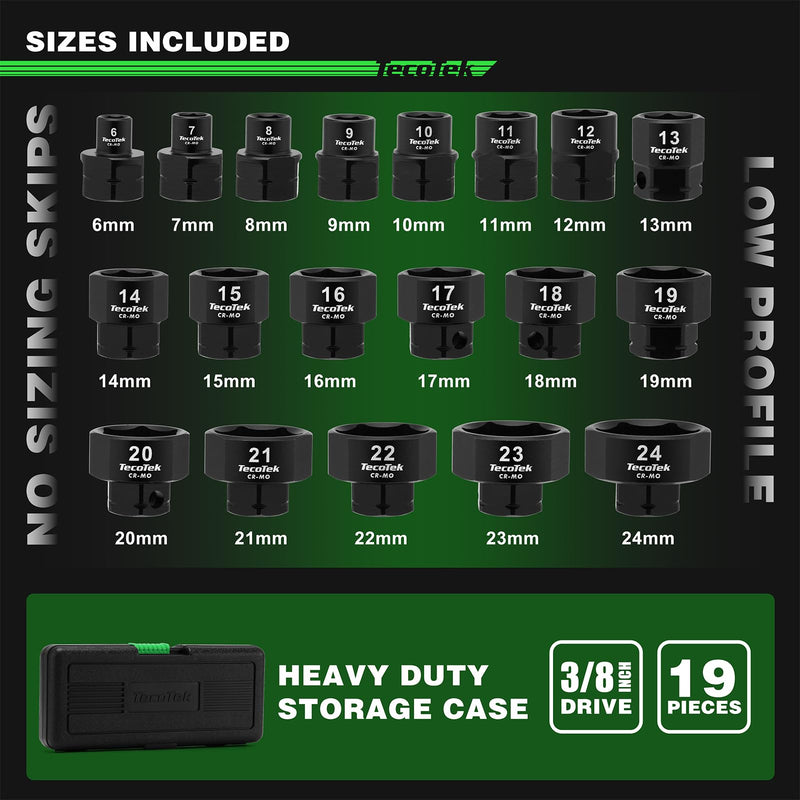 TecoTek 19PCS 3/8-Inch Drive Metric Low Profile Impact Socket Set, Stubby Socket Set, 6mm-24mm, No Skips Sizes, 6 Point, Cr-Mo, Shorter Socket for Tight Areas 0.24" - 0.94" (0.38" Dr.)