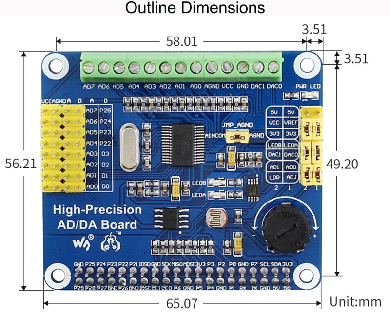 High-Precision AD/DA Expansion Board for Raspberry Pi 4B/3B+/3B/2B/Zero/W/Zero WH and Jetson Nano,Add High-Precision AD/DA Functions to Pi. Onboard ADS1256 8-CH 24bit ADC and DAC8532 2-CH 16bit DAC