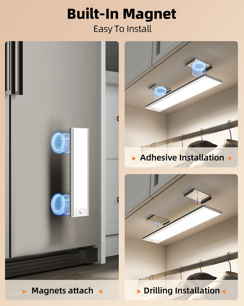 EZVALO 220LM Super Bright Under Cabinet Lighting Wireless, 5000mAh Rechargeable Battery Motion Sensor Light Indoor, Dimmable Under Counter Lights for Kitchen, 3-Inch Ultra-Wide Panel Closet Light White 2Pack-12inch