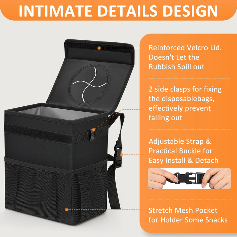 Car Trash Can Bin with Lid Hanging for Back Seat, Car Accessories for Women Men Leak Proof Automotive Garbage Cans Leakproof Vehicle Trash Can for Truck SUV Black 2.2 Gallons