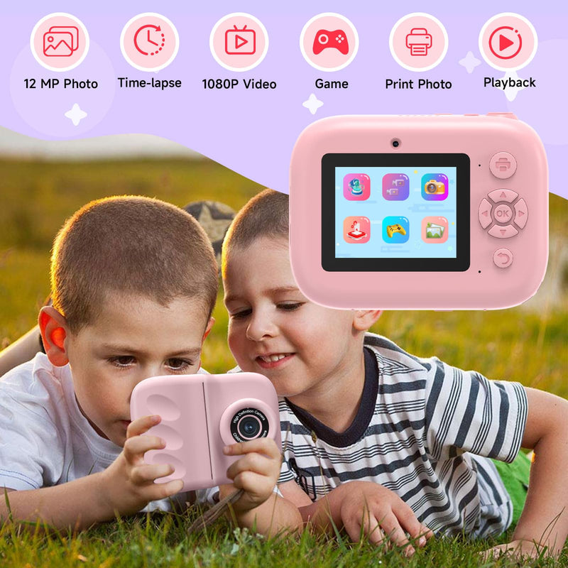 Kids Camera Instant Print for Kids with Mirror, HD Dual-Lens Selfie Digital Camera with 3 Rolls Print Paper & 32GB Card, Holiday Birthday Gifts Toys for Girls Boys Toddler. (Dark Pink) Dark Pink