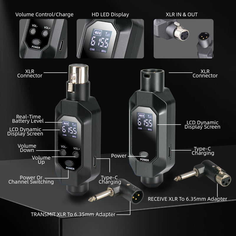 Wireless XLR Transmitter and Receiver, 500ft XLR Wireless Transmitter Receiver with 2x30 Channels, Dynamic Mic Wireless Adapter for PA Mixer, Church, Stage