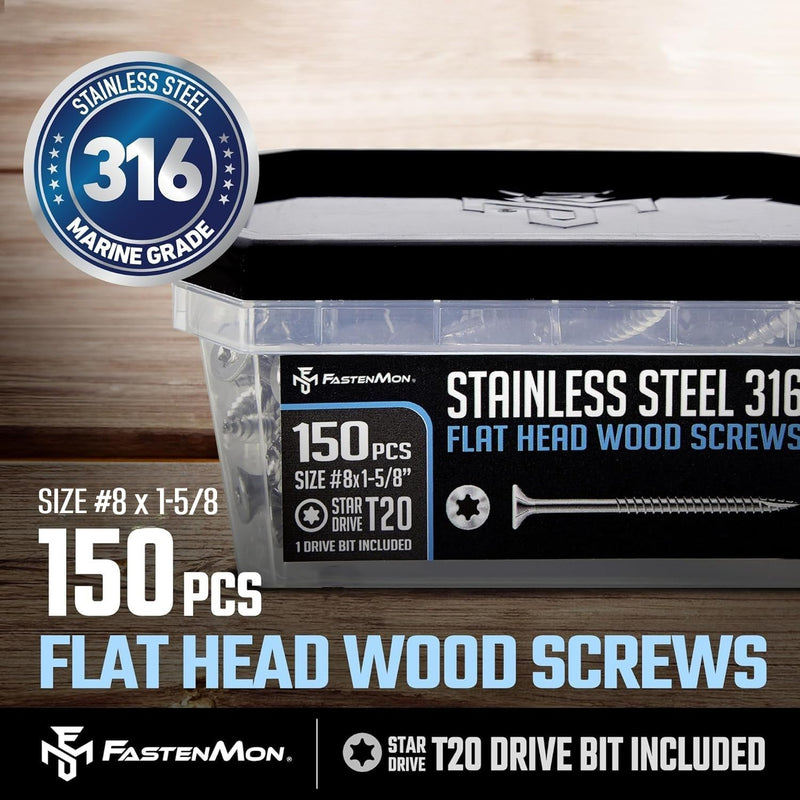 #8x1-5/8 Marine Grade 316 Stainless Steel Deck Screws, 150 PCS, Flat Head T20, Type 17 Point, Rust Resistant, Quick Drive, Strong Grip for Outdoor Wood Projects, Bit Included #8 x 1-5/8"