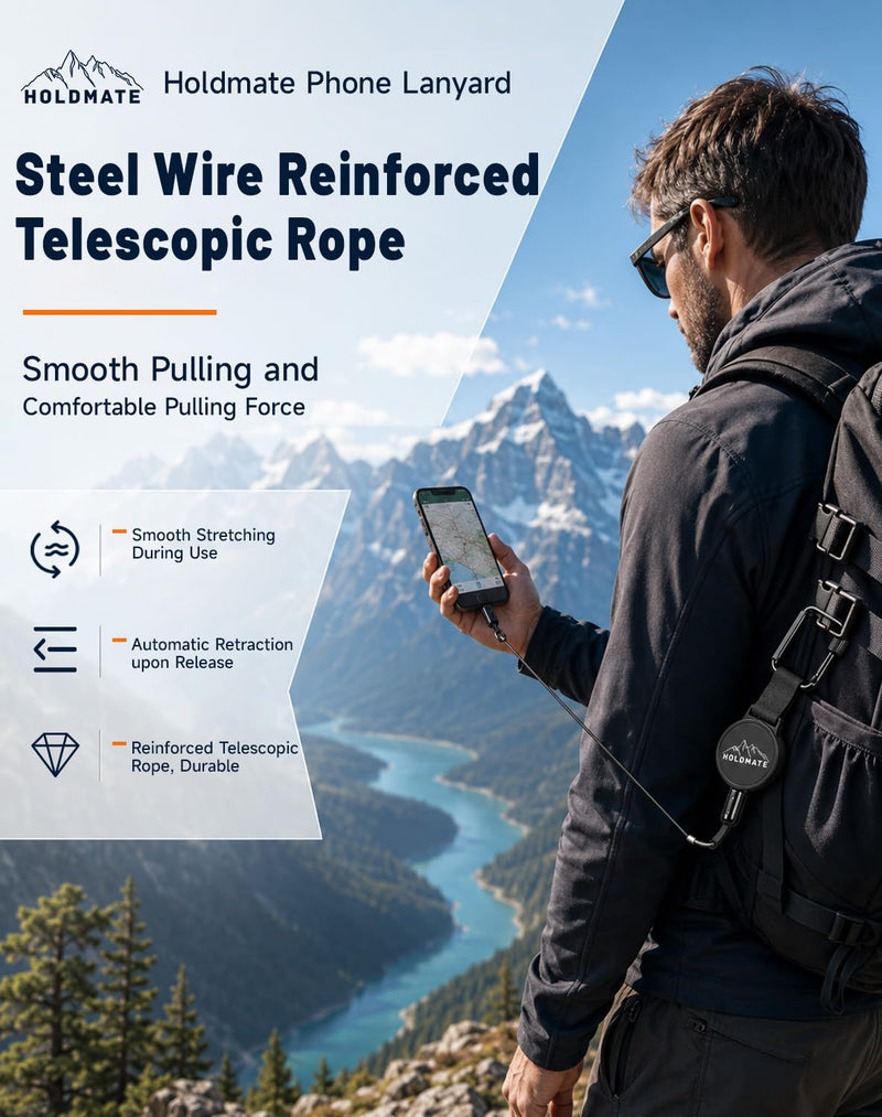 Phone Lanyard, Retractable Phone Tether For Iphone & Smartphones | Anti-Drop Safety Lanyard, Locking Clip & 360° Swivel, Secure Holder For Skiing, Hiking, Cycling, Travel 2