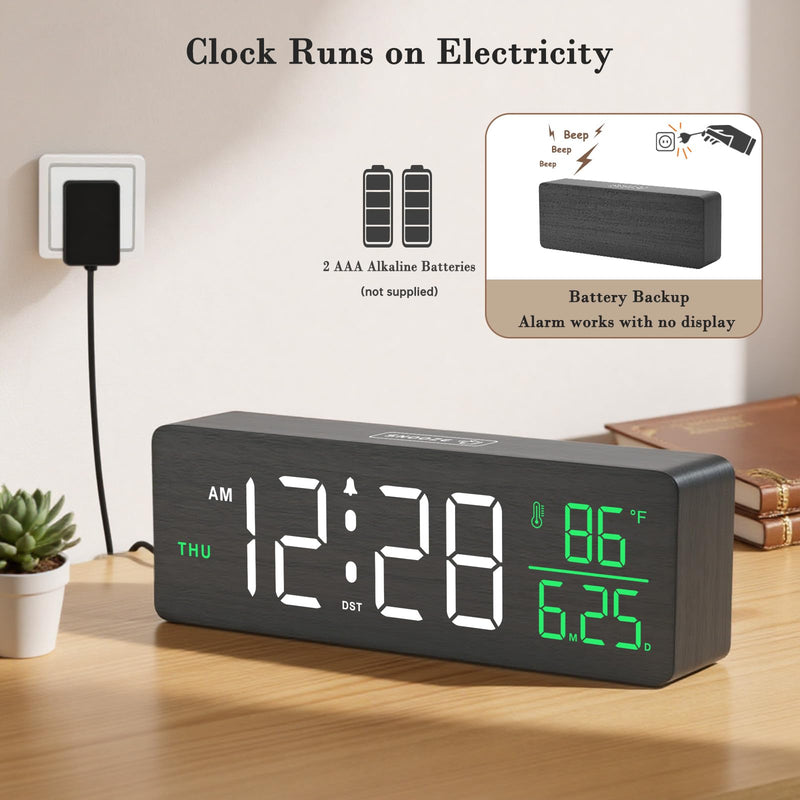 DreamSky Wooden Digital Alarm Clocks for Bedrooms – Large Display Desk Clock with Date & Day of Week for Living Room, Temperature, Dimmer, Adjustable Volume, Auto DST, Office Wood Décor (Plug-in) Black-white-green (Plug-in)