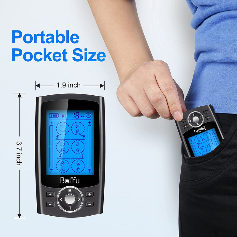 Belifu Dual Channel TENS EMS Unit 24 Modes Muscle Stimulator for Pain Relief Therapy, Electronic Pulse Massager Muscle Massager with 10 Pads, Dust-Proof Drawstring Storage Bag, Fastening Cable Ties Black