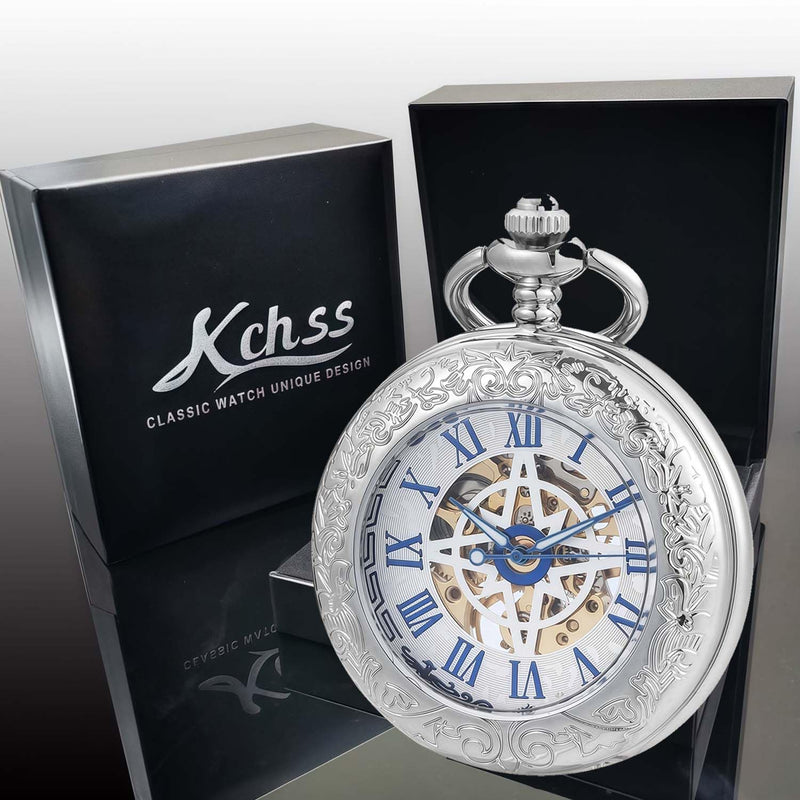 Mechanical Pocket Watch, for Men Women Special Magnifier Half Hunter Engraved Case Roman Numerals with Chain B-c. Compass, Silver, Blue