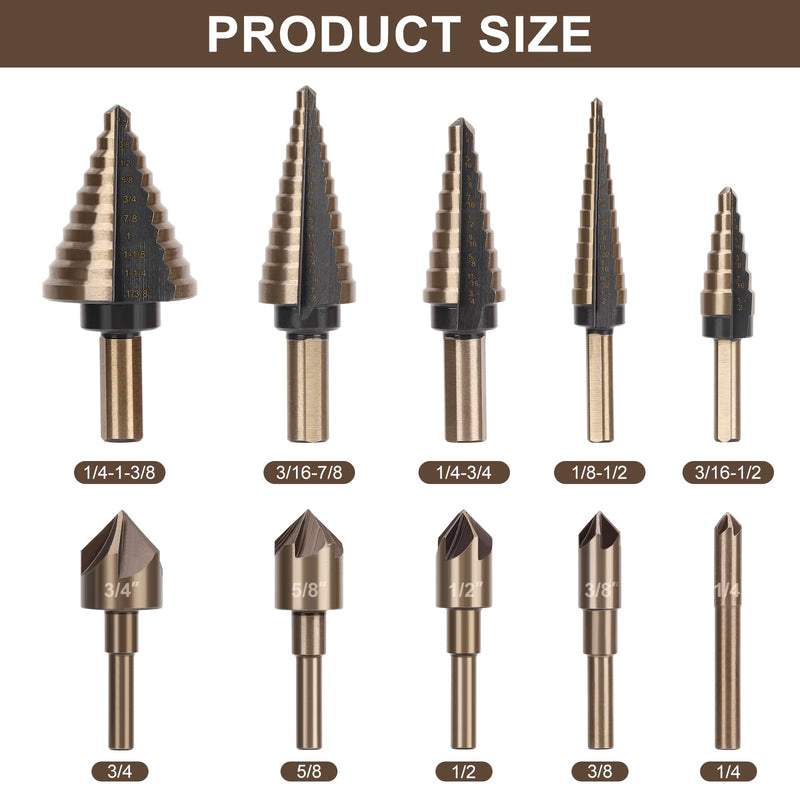 5 Pcs Step Drill Bit & 5 Pcs Countersink Drill Bit Set, Titanium High Speed Steel Step Drill Bit, 50 Sizes of Step Bits for Metal, HSS Step Bit with Aluminum Case for DIY, Multiple Hole Stepped Up Bit 11PCS Step Drill Bits Set