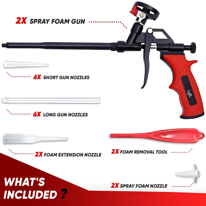 Luft Professional Expanding Foam Spray Gun (2 Insulation Guns + 9 Extenders) PU Insulating Applicator Heavy Duty Metal Body Dispensing Foam Gun Suitable for Caulking, Filling, Sealing (2 Pack) 2 Pack