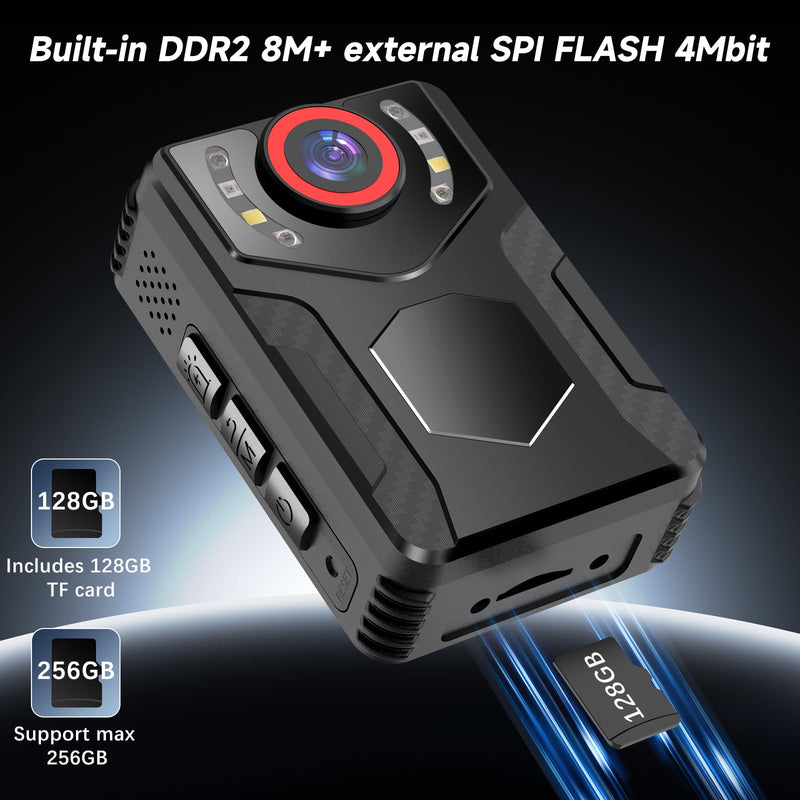 Body Camera with Audio and Video Recording - 1080 FHD Body Cam with IR Night Vision, 128GB Bodycam for Law Enforcement, Security Work, Outdoor Sport, Walking Dogs, Vlogging