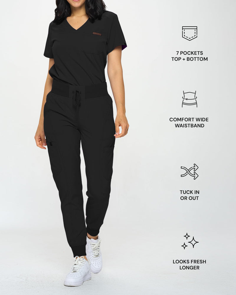 Monarch Uniforms Slim Fit Stretchy Scrubs Women's Jogger Scrub Set Slim Jogger Scrubs with Tuck-In Top for Women Black Medium Regular