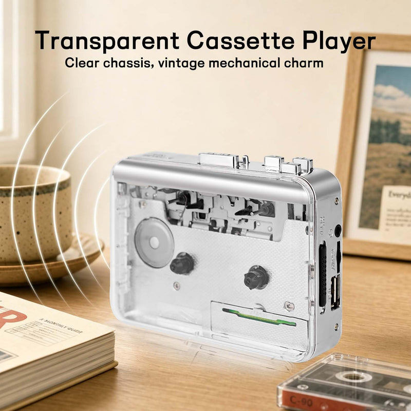 Copper Wheel Movement＆Earphone,Cassette Tape to MP3 Converter with Tape Converter Software,Powered by USB Power Cord or AA Battery (Silver) silver