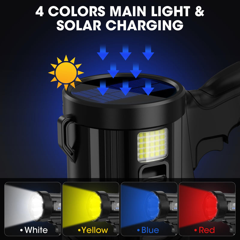 Rechargeable Spotlight, 1,000,000 Lumens Super Bright Handheld Led Flashlight, Outdoor Spot Light with Cob Light and Solar Panelsfor Boating Camping