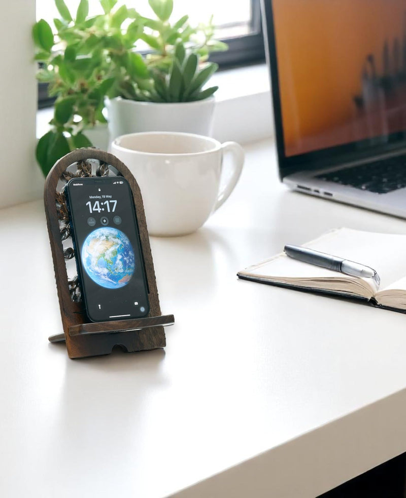 Handicraftviet - Handcrafted Wooden Tree of Life Phone Stand, Engraved “I Love You” – Vintage Desk Docking Station for Smartphone – Gift for Mom, Grandma, Sister, Dark Brown (Tree of Life)