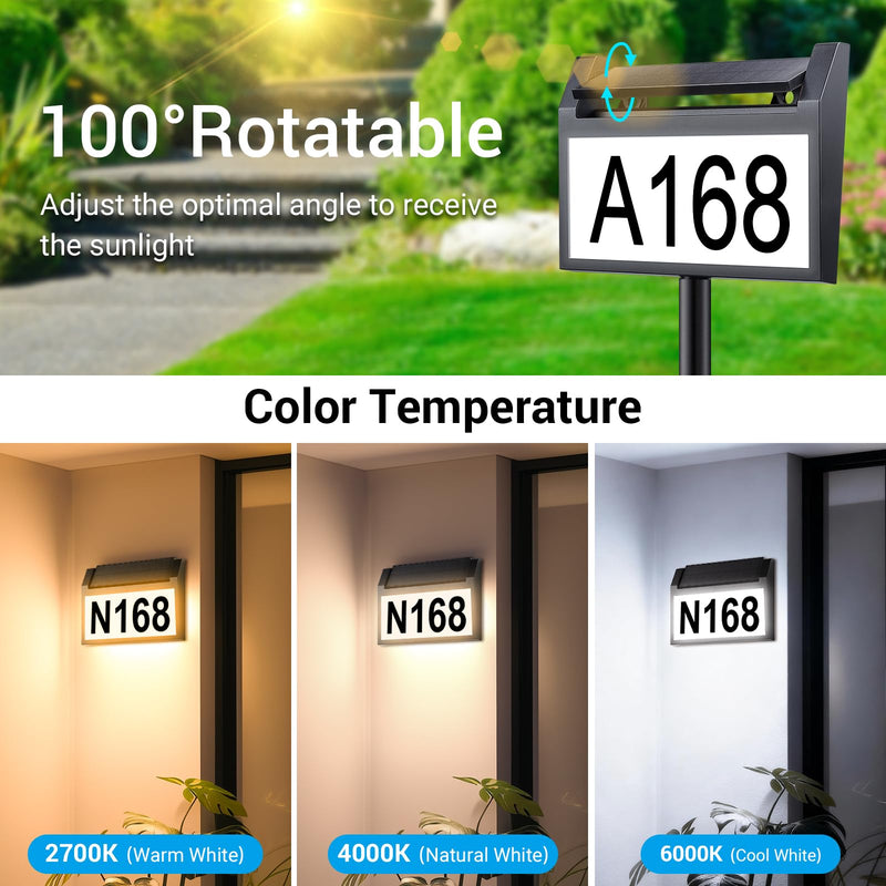 Solar House Number Sign, deerdance LED Illuminated Outdoor Address Plaque with Smart Control, 3-Color in 1 Waterproof Solar Powered House Number Light with Stakes for Outside Home, Yard, Street, House address sign-1 1 PC
