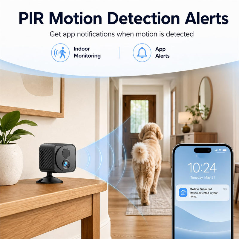 Mini Camera Wireless 4K WiFi Security Camera, Battery Powered PIR Alerts | 150° wide view for home, pet and office monitoring, 1200mAh rechargeable battery with up to 30-day standby and app control