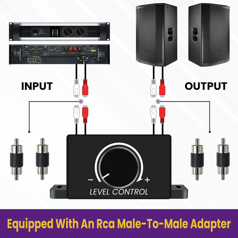 1Set Universal Car RCA Level Controller Amplifier, Audio Level Bass Boost Volume Control Knob with 4 RCA Male Connector and 1 Foam Tape for Car Motorcycle Speakers Home Theater 1 SET