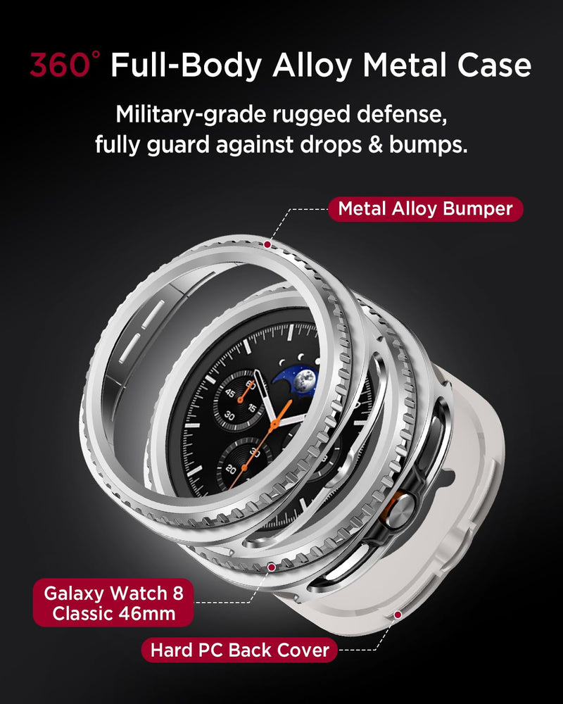 Miimall Metal Case for Galaxy Watch 8 Classic Case, [No Screen Protector] Lightweight Rugged Durable Shockproof Aluminum Protective Cover, PC Back Bumper for Samsung Galaxy Watch 8 Classic, Silver Samsung Galaxy Watch 8 Classic 46mm