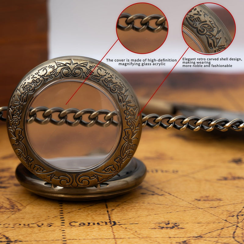 Mechanical Pocket Watch, for Men Women Special Magnifier Half Hunter Engraved Case Roman Numerals with Chain Ad. Bronze Black + Wooden Box