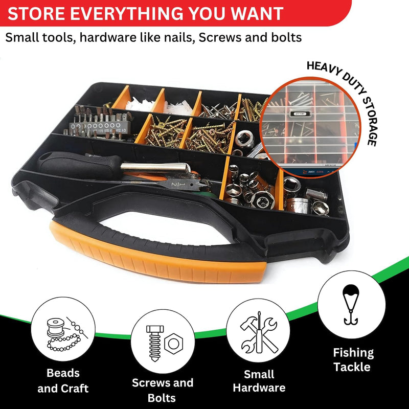 Andalus Tools Organizer Box, Small Parts Storage 18-Compartment Portable Hardware Organizer Removable Plastic Dividers for Screws, Nuts, Bolts, Nails – Orange (2 Pack, 12.75" x 10" x 1.75") 2 Pack (12.75 x 10 x 1.75 Inches)