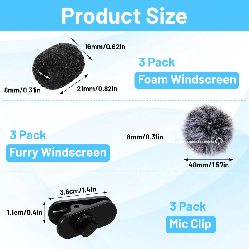 SHENLIU 9 Pcs Lavalier Microphone Windscreen Kit, 6 Pack Furry and Foam Mic Covers with 3 Pack 360° Rotatable Cable Clips, Universal Lapel Mic Accessories(for 1.8mm Round & 5mm Flat Cables)