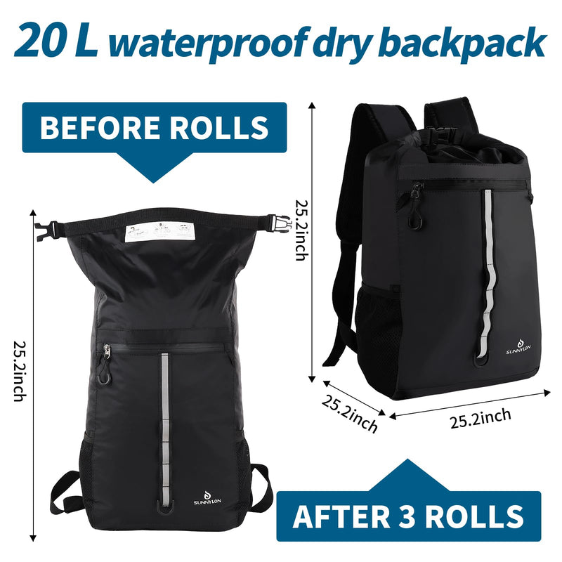 Dry Bag Backpack,20L Dry bags Waterproof Kayaking with Waist Pouch and Phone Case,Waterproof Backpack Marine dry bag for Kayaking,Beach,Rafting, Boating,Hiking,Camping and Fishing (Black) Black