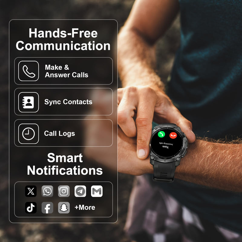 Military Smart Watches for Men, Built-in GPS & Compass, 30-Day Standby | 1.43" AMOLED Rugged Outdoor with LED Flashlight, Barometric Altimeter, 170+ Sports Modes, Compatible with Android & iPhone Black